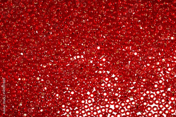 Fototapeta Crimson-red glass beads background - closeup beads texture