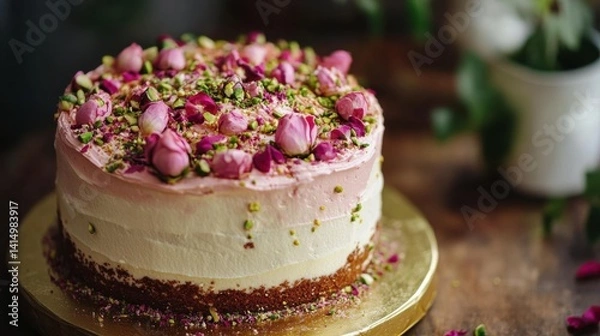 Fototapeta  A beautifully decorated pink cake adorned with rose petals and creamy frosting, set on a golden platter, creating an elegant dessert for special occasions.