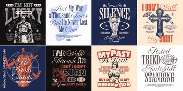 Fototapeta Christian urban t-shirt designs bundle, Christianity streetwear graphic t shirt, Faith vector set, Jesus quotes for merch. Vintage christian design
