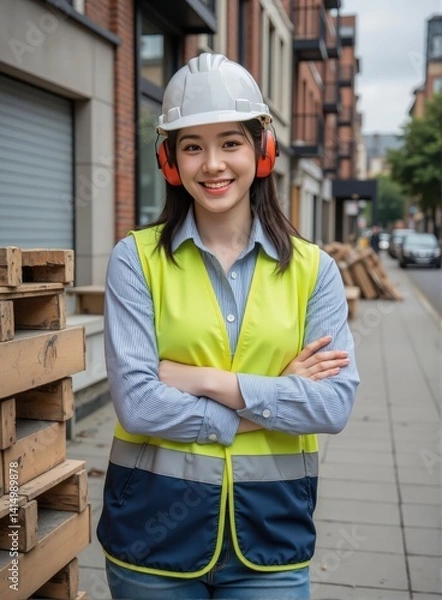 Obraz Assured smiling lady construction engineer in hi-vis vest, white helmet and protective ear wear, gesturing confidently toward unfinished roadway excavation