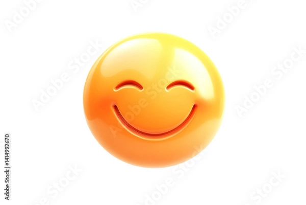 Fototapeta Gleaming, yellow smiley face with closed eyes and a gentle smile, isolated against a solid, transparent background