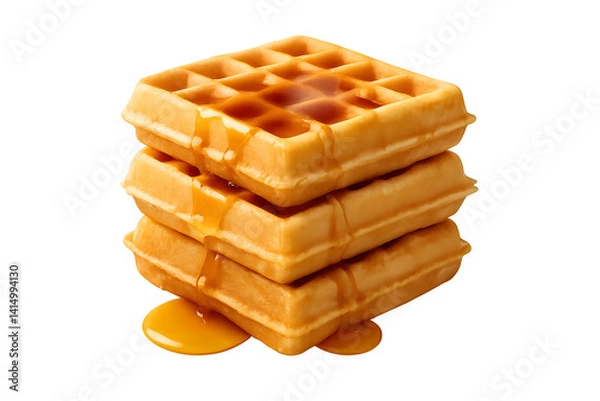 Obraz Three golden-brown waffles stacked on top of each other, drizzled with syrup. Concept Delicious Waffle Stack, Golden-Brown Perfection, Sweet Syrup Drizzle, Breakfast Indulgence, Perfect Brunch Treat
