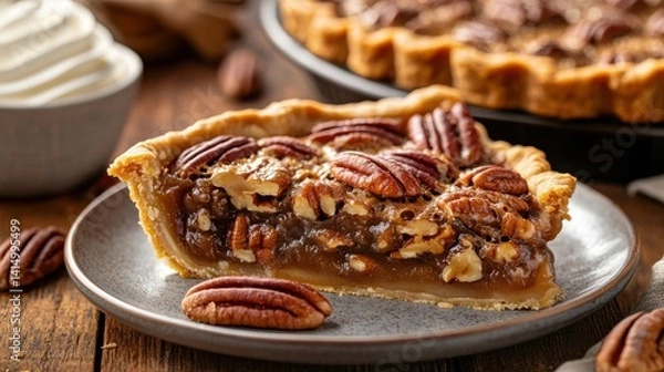 Fototapeta A whole pecan pie on a rustic wooden table, adorned with pecans and served with a side of whipped cream, showcasing a classic dessert.