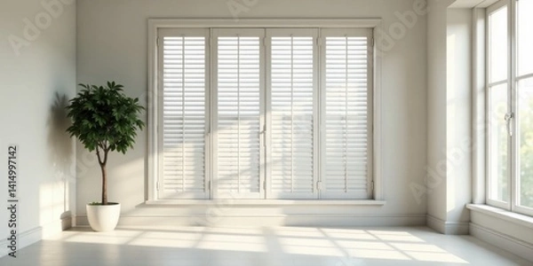 Obraz Serene Interior Room with Sunlight Streaming Through White Shutters and a Potted Plant