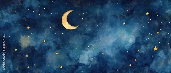 Fototapeta A painting of a night sky with a large gold moon and many stars
