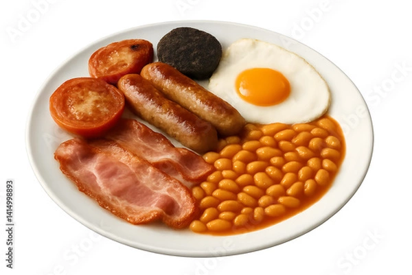 Obraz A traditional English breakfast with sausages, bacon, baked beans, a fried egg, grilled tomatoes, and black pudding. Concept Traditional English Breakfast, Sausages and Bacon, Baked Beans Delight
