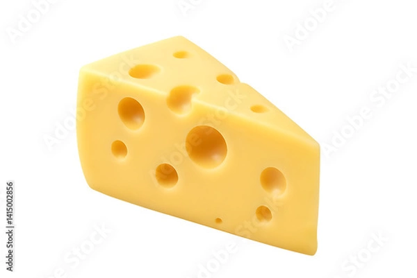 Fototapeta A wedge of yellow cheese with holes, commonly known as Swiss cheese, characterized by its smooth texture and nutty flavor. Concept Swiss Cheese Characteristics, Unique Holes in Cheese