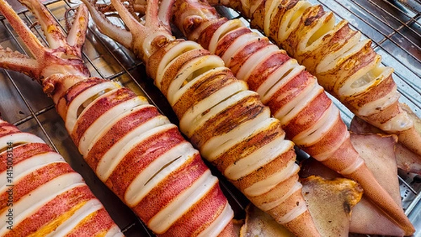 Obraz Striped grilled squids on rack