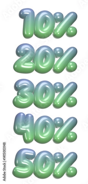Obraz set of 3d percentage discount with transparent background, 10%, 20%, 30%, 40%, 50%, blue, green, PNG images