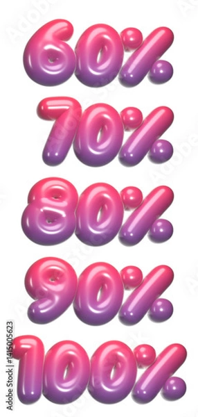 Obraz set of 3d percentage discount with transparent background, 60%, 70%, 80%, 90%, 100%, red, blue, PNG images