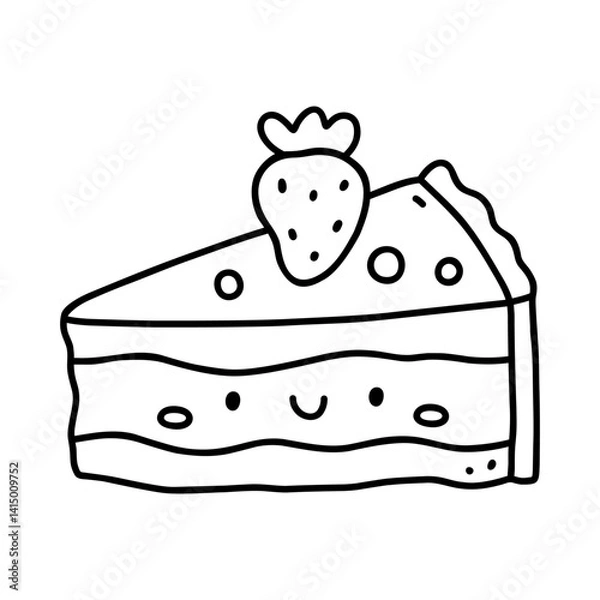 Obraz Kawaii strawberry cake isolated on a white background. Vector hand-drawn illustration in doodle style. Cute character. Perfect for cards, decorations, stickers, logo, menu, various designs.