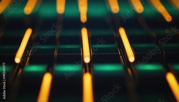 Fototapeta Illuminated structures run in parallel rows on a surface.