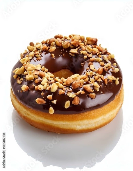 Fototapeta doughnut with chocolate glaze and nuts isolated on white background.