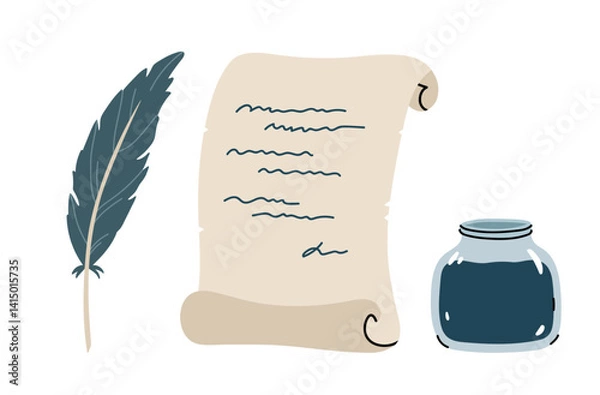 Obraz Scroll paper and inkstand with a quill pen isolated on a white background. Vector hand-drawn illustration in flat style. Perfect for decorations, logo, various designs.