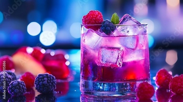 Obraz A luxury berry cocktail with glowing ice cubes and radiant fruit garnishes displayed on a reflective table 
