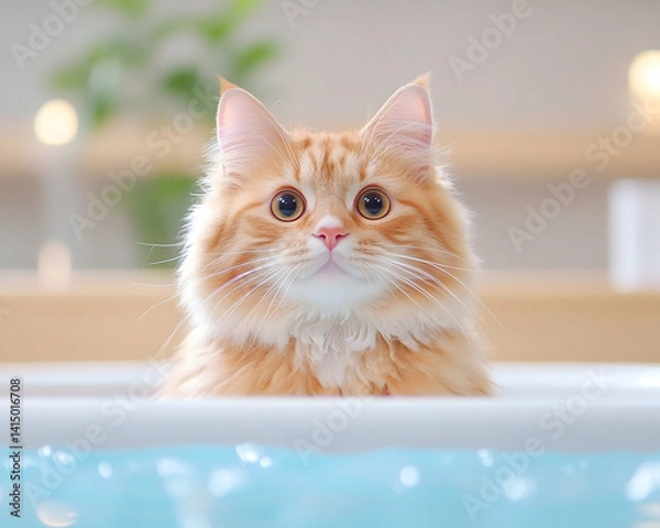Fototapeta Fluffy ginger cat sitting in a tub of water, looking directly at the camera . Generative AI
