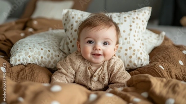 Fototapeta Neatly folded soft duvet with a stack of pillows on top