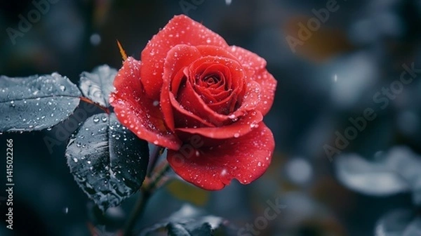 Fototapeta A red rose with dew drops on it