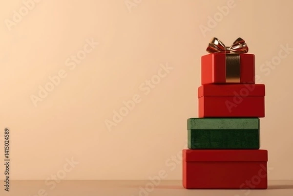 Fototapeta Stack of colorful gift boxes with shiny bows against soft backgr