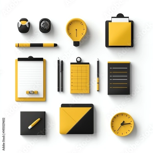 Obraz Flat vector task board, yellow and black icons, white background, 3D illustration