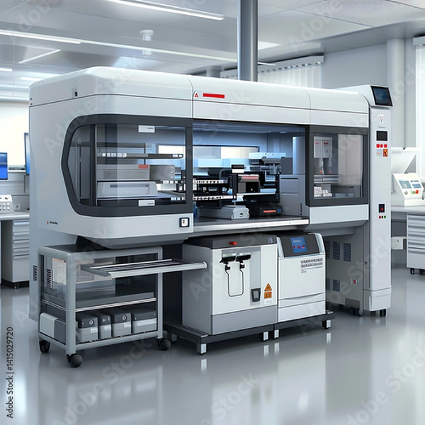 Fototapeta Advanced laboratory automation system machine for scientific research, diagnostics, or pharmaceutical development in a clean, modern lab environment.
