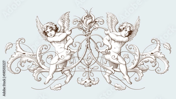 Obraz Vintage decorative element engraving with Baroque ornament pattern and cupids. Hand drawn vector illustration