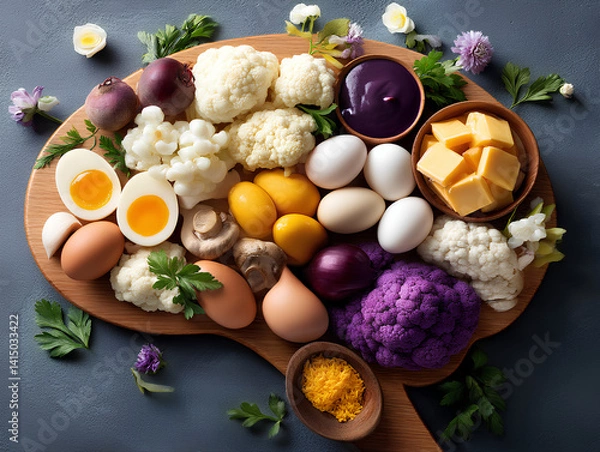 Fototapeta Vibrant educational food layout featuring eggs liver and cauliflower arranged in shape of a brain symbolizing choline rich nutrition for cognitive health
