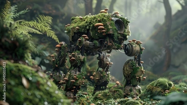 Fototapeta A moss-covered robotic creature stands amidst lush greenery, surrounded by ferns and mushrooms in a serene forest