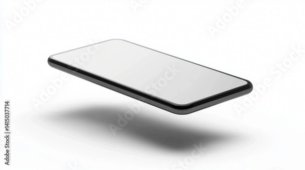 Fototapeta Floating modern smartphone with a blank white screen on a white background. Ideal for mockups, technology, and digital concepts.