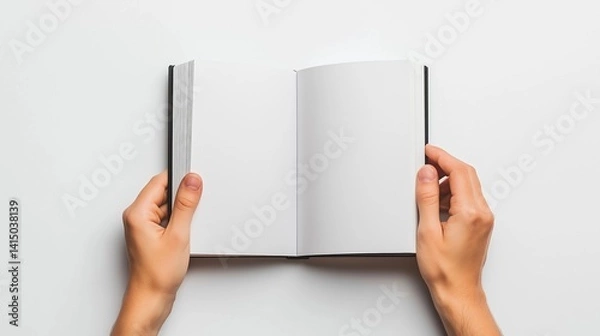 Fototapeta A person holding an open blank book mockup on a white background. Perfect for book cover design, editorial presentations, and branding.