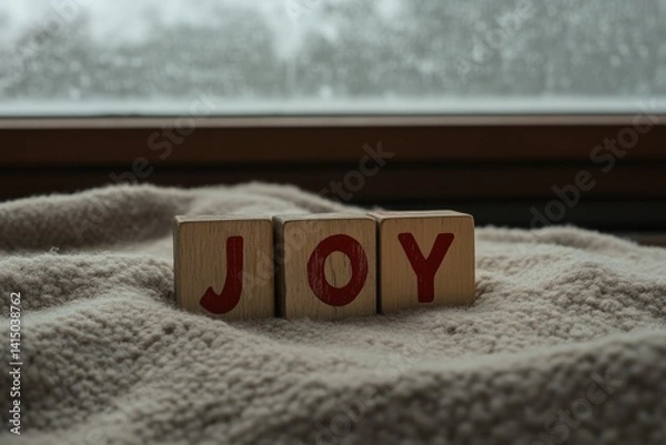 Fototapeta Wooden blocks spelling "JOY" on soft fabric, framed by snowy win