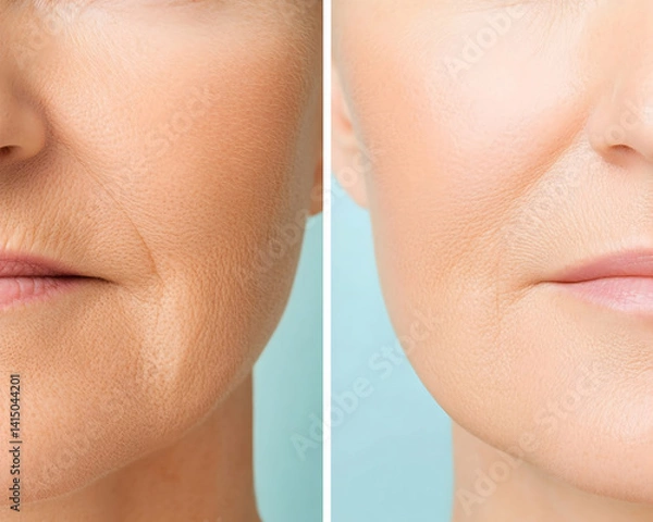 Fototapeta Before & after showing wrinkle reduction around the mouth . Generative AI