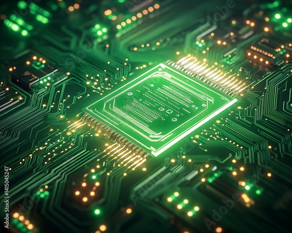 Fototapeta Glowing central processing unit on a green circuit board . Generative AI
