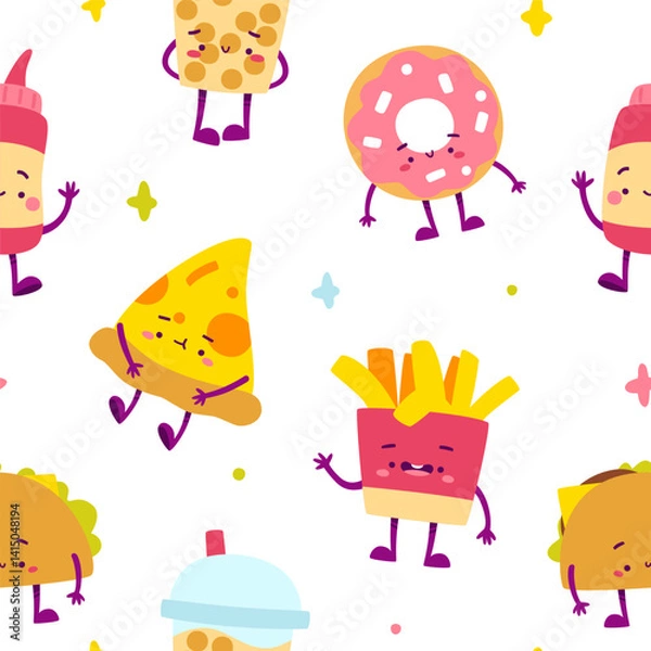 Fototapeta Fast food cute pattern for kids. Seamless vector print with cartoon fast food characters.
