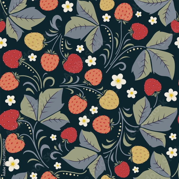 Fototapeta Seamless pattern with strawberry plants: colorful berries, decorative leaves and flowers on dark background.