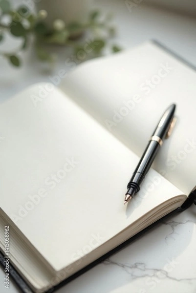 Fototapeta Elegant fountain pen rests on blank notebook pages, ready for insightful writing and creative expression, illuminated by soft natural light on a smooth surface