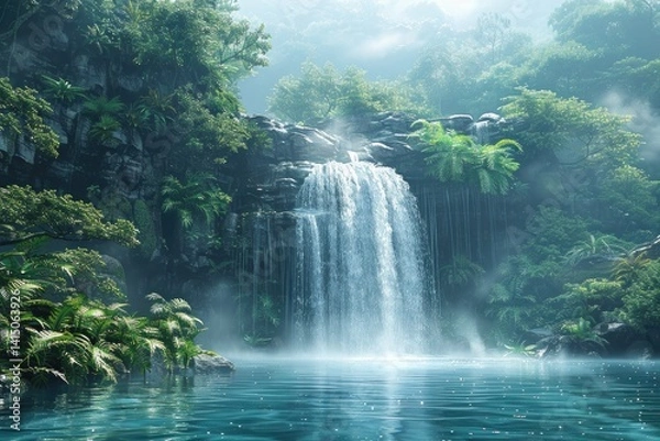 Fototapeta misty rainforest with dense vegetation and a waterfall cascading into a pool