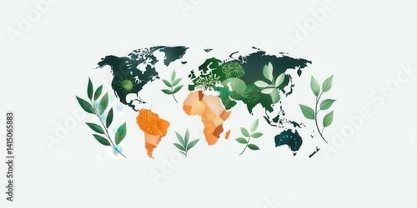 Fototapeta A vibrant world map adorned with greenery, symbolizing nature and ecology.