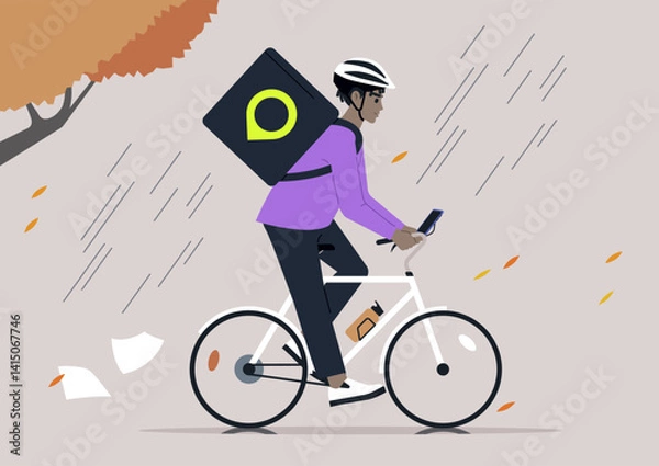 Obraz A courier navigates heavy rain and wind, showcasing resilience as they deliver packages, Fallen leaves dance in the air, and papers scatter along the street, highlighting the challenging atmosphere