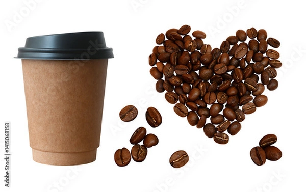 Obraz Сoffee elements set isolated on transparent background. Disposable paper cup PNG, many big single beans, heart-shaped grains cut out. Empty drinkware mockup. Drink to go. Photo for packaging design