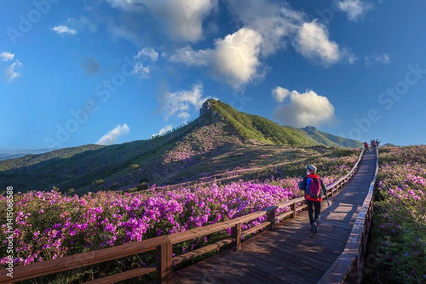 Fototapeta spring view of pink azalea flowers at Hwangmaesan Mountain with the background of mountain range near Hapcheon-gun, South Korea.