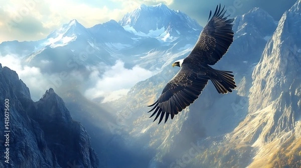 Fototapeta A majestic eagle soaring high above a rugged mountain range 