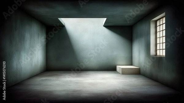 Obraz A stark, dimly lit room with a single pedestal bathed in light from a high window and ceiling opening. Minimalist and isolating
