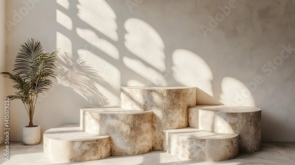 Fototapeta Minimalist Interior Featuring a Textured Stone Staircase with Natural Light and Soft Shadows