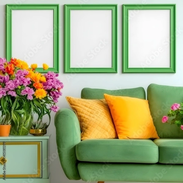 Fototapeta Vibrant Green Couch with Colorful Flowers and Empty Picture Frames in Modern Living Room Decor