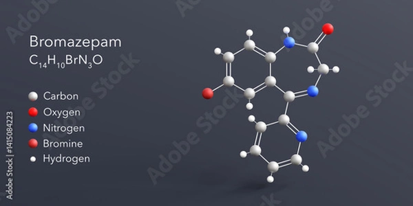Fototapeta bromazepam molecule 3d rendering, flat molecular structure with chemical formula and atoms color coding