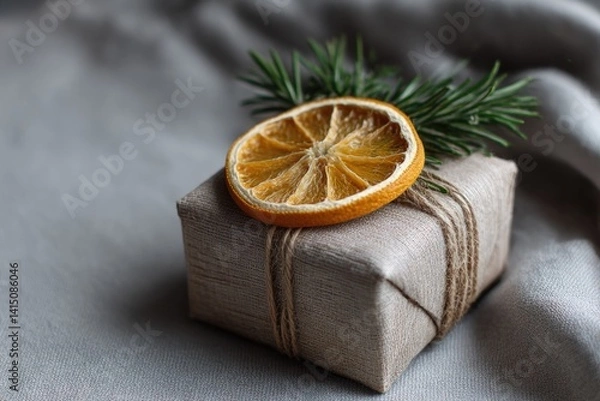 Obraz Gift wrapped in rustic paper, topped with dried orange slice and