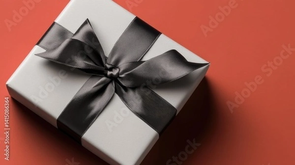 Obraz Elegant gift box adorned with sleek black ribbon, resting on war