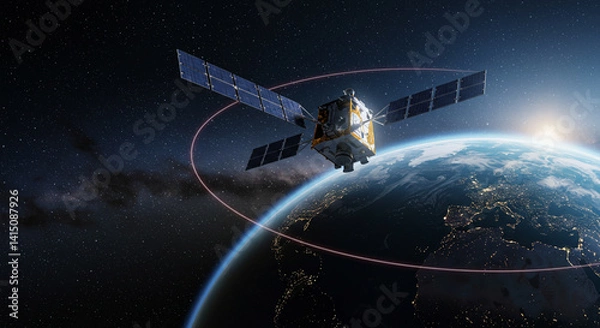 Fototapeta Advanced satellite orbiting Earth with solar panels and tracking signal