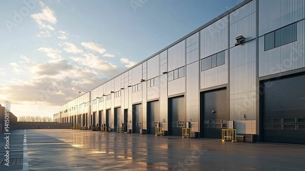 Obraz Modern industrial warehouse complex under a soft evening sky.
